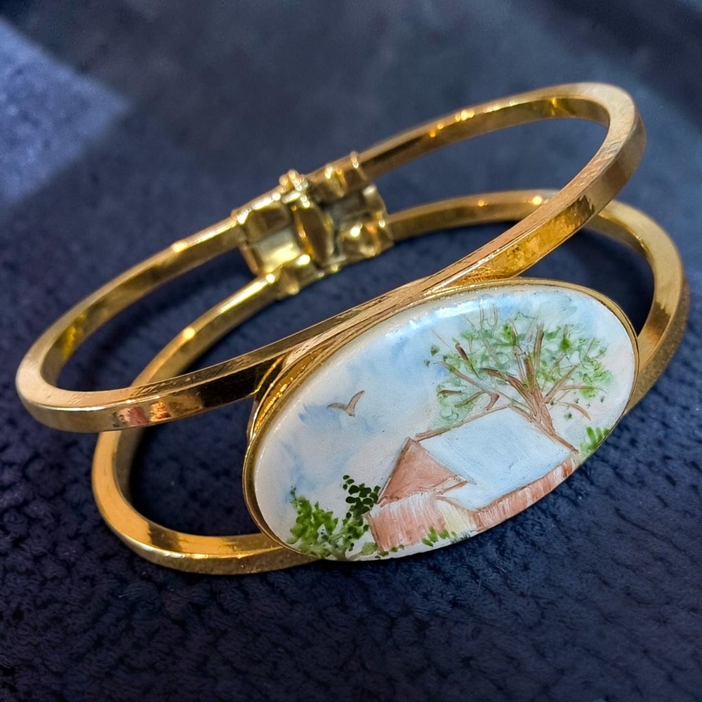 Hand-Painted Ceramic Landscape Clamper Bracelet